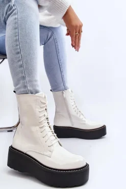 Outlet Boto Damskie Lakierowane Botki Na Grubej Podeszwie Białe Movana