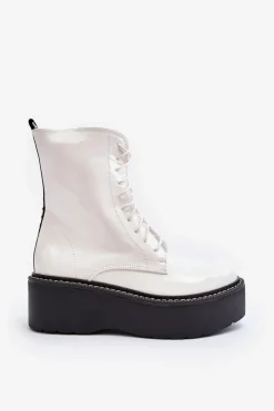 Outlet Boto Damskie Lakierowane Botki Na Grubej Podeszwie Białe Movana