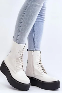 Outlet Boto Damskie Lakierowane Botki Na Grubej Podeszwie Białe Movana