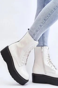 Outlet Boto Damskie Lakierowane Botki Na Grubej Podeszwie Białe Movana