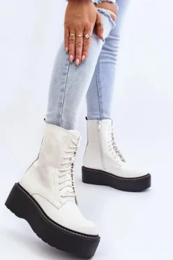 Outlet Boto Damskie Lakierowane Botki Na Grubej Podeszwie Białe Movana