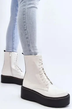 Outlet Boto Damskie Lakierowane Botki Na Grubej Podeszwie Białe Movana