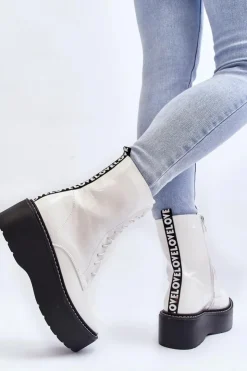 Outlet Boto Damskie Lakierowane Botki Na Grubej Podeszwie Białe Movana