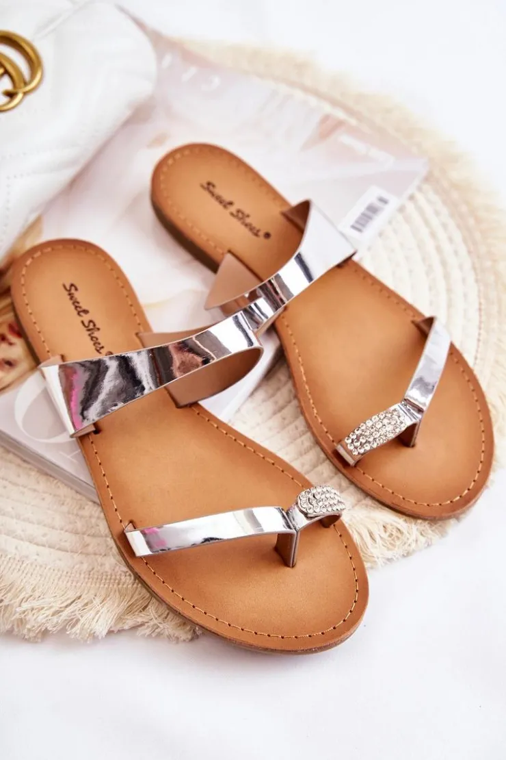 Boto Damskie Lakierowane Klapki Japonki Srebrne Jimena