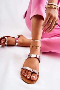 Boto Damskie Lakierowane Klapki Japonki Srebrne Jimena