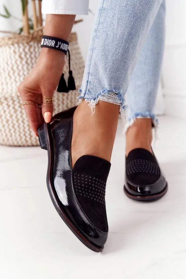 New Buty Sergio Leone Damskie Lakierowane Mokasyny Sergio Leone PB254 Czarne