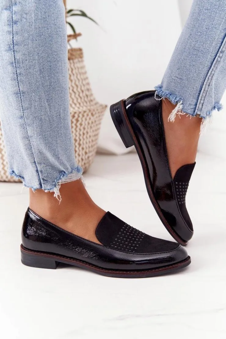 New Buty Sergio Leone Damskie Lakierowane Mokasyny Sergio Leone PB254 Czarne