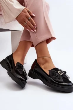 Laura Messi Loafersy Damskie|Mokasyny Płaskie*Damskie Lakierowane Mokasyny Z Kokardą 2786 Czarne