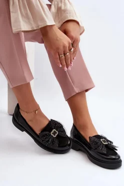 Laura Messi Loafersy Damskie|Mokasyny Płaskie*Damskie Lakierowane Mokasyny Z Kokardą 2786 Czarne