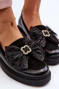 Laura Messi Loafersy Damskie|Mokasyny Płaskie*Damskie Lakierowane Mokasyny Z Kokardą 2786 Czarne