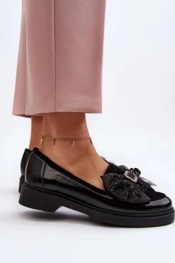 Laura Messi Loafersy Damskie|Mokasyny Płaskie*Damskie Lakierowane Mokasyny Z Kokardą 2786 Czarne