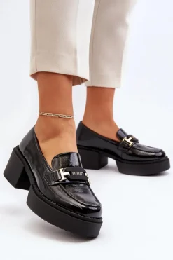 New Buty damskie Vinceza Damskie Lakierowane Mokasyny Na Masywnym Obcasie Czarne Ridulvi