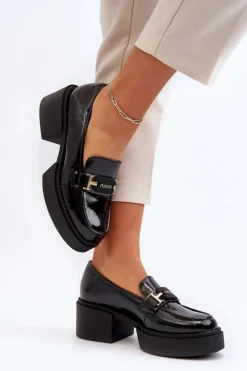 New Buty damskie Vinceza Damskie Lakierowane Mokasyny Na Masywnym Obcasie Czarne Ridulvi