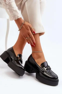 New Buty damskie Vinceza Damskie Lakierowane Mokasyny Na Masywnym Obcasie Czarne Ridulvi