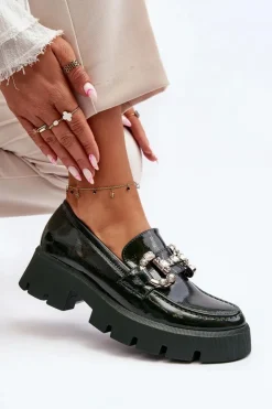 Damskie Boto Damskie Lakierowane Mokasyny Z Ozdobą Ciemnozielone Arsaba