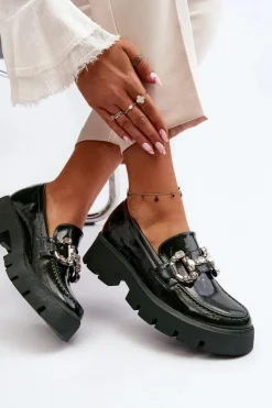 Damskie Boto Damskie Lakierowane Mokasyny Z Ozdobą Ciemnozielone Arsaba