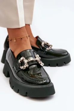 Damskie Boto Damskie Lakierowane Mokasyny Z Ozdobą Ciemnozielone Arsaba