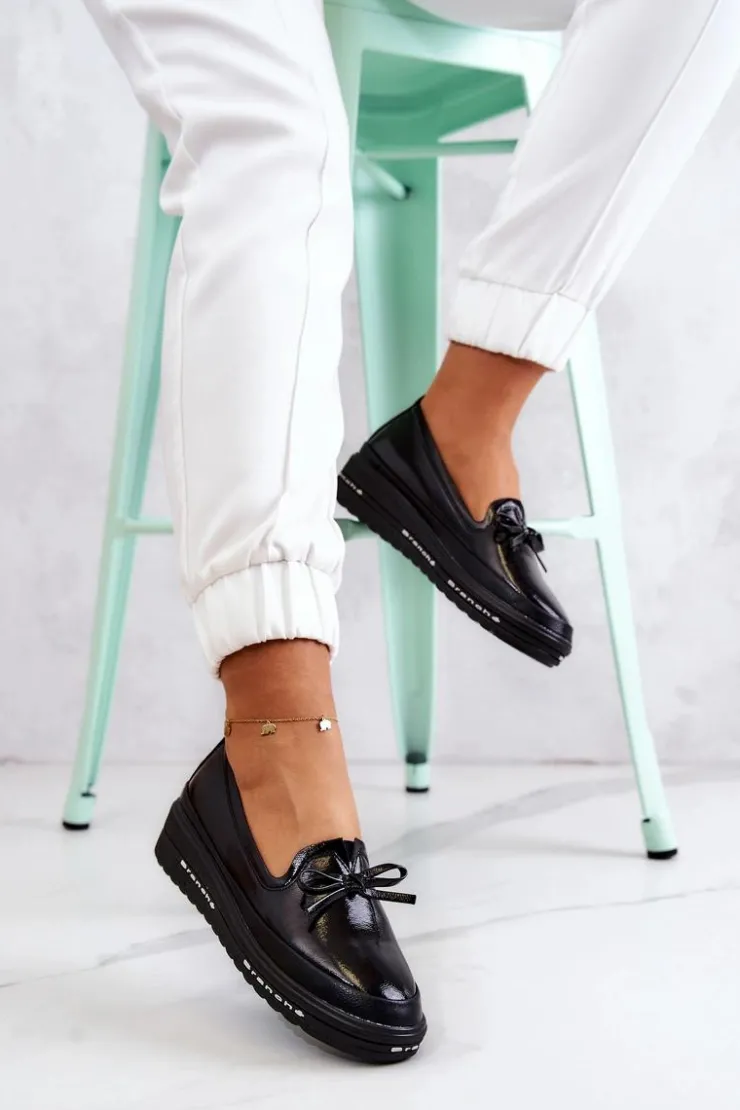 Buty damskie Vinceza Mokasyny Damskie Lakierowane*Damskie Lakierowane Mokasyny Na Koturnie Czarne Frilly