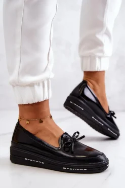 Buty damskie Vinceza Mokasyny Damskie Lakierowane*Damskie Lakierowane Mokasyny Na Koturnie Czarne Frilly