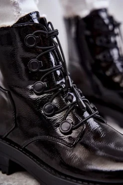 Damskie Boto Damskie Lakierowane Ocieplane Botki Ze Ściągaczem Czarne Helia