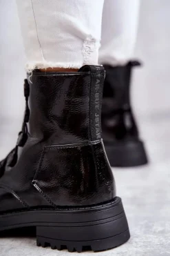 Damskie Boto Damskie Lakierowane Ocieplane Botki Ze Ściągaczem Czarne Helia