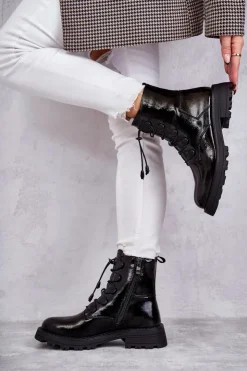 Damskie Boto Damskie Lakierowane Ocieplane Botki Ze Ściągaczem Czarne Helia