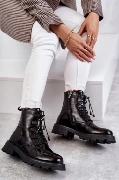 Damskie Boto Damskie Lakierowane Ocieplane Botki Ze Ściągaczem Czarne Helia