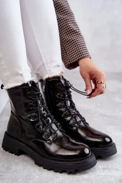 Damskie Boto Damskie Lakierowane Ocieplane Botki Ze Ściągaczem Czarne Helia