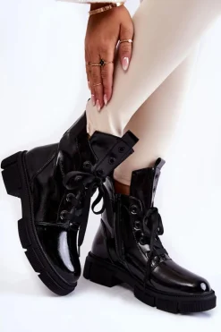 Damskie buty S.Barski Botki Sznurowane|Czarne Botki*Damskie Lakierowane Ocieplane Botki Workery Czarne Efemia
