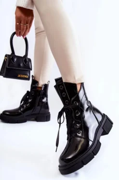 Damskie buty S.Barski Botki Sznurowane|Czarne Botki*Damskie Lakierowane Ocieplane Botki Workery Czarne Efemia