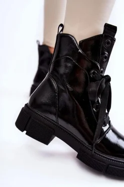 Damskie buty S.Barski Botki Sznurowane|Czarne Botki*Damskie Lakierowane Ocieplane Botki Workery Czarne Efemia