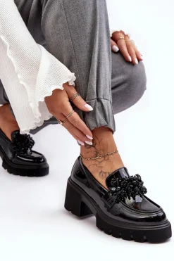 Boto Mokasyny Damskie Lakierowane*Damskie Lakierowane Półbuty Z Ozdobą Czarne Renesma