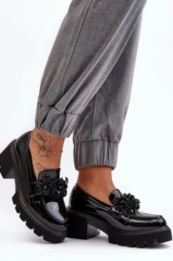 Boto Mokasyny Damskie Lakierowane*Damskie Lakierowane Półbuty Z Ozdobą Czarne Renesma