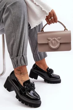 Boto Mokasyny Damskie Lakierowane*Damskie Lakierowane Półbuty Z Ozdobą Czarne Renesma