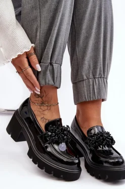 Boto Mokasyny Damskie Lakierowane*Damskie Lakierowane Półbuty Z Ozdobą Czarne Renesma