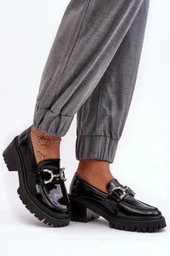 Outlet Boto Damskie Lakierowane Półbuty Na Masywnym Obcasie Czarne Lemmitty