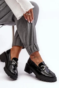 Outlet Boto Damskie Lakierowane Półbuty Na Masywnym Obcasie Czarne Lemmitty