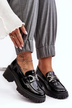 Outlet Boto Damskie Lakierowane Półbuty Na Masywnym Obcasie Czarne Lemmitty