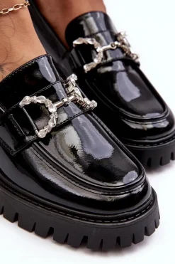 Outlet Boto Damskie Lakierowane Półbuty Na Masywnym Obcasie Czarne Lemmitty