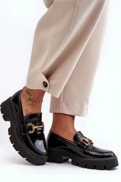 Boto Mokasyny Damskie Lakierowane*Damskie Lakierowane Półbuty Loafery Z Ozdobą Czarne Peuria