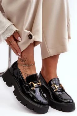 Boto Mokasyny Damskie Lakierowane*Damskie Lakierowane Półbuty Loafery Z Ozdobą Czarne Peuria