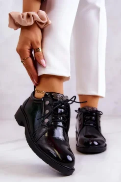 Damskie buty S.Barski Półbuty Lakierowane*Damskie Lakierowane Półbuty Z Ozdobą Czarne Harvey