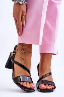 New Evento Damskie Lakierowane Sandały Na Słupku Czarne Carrie Czarny