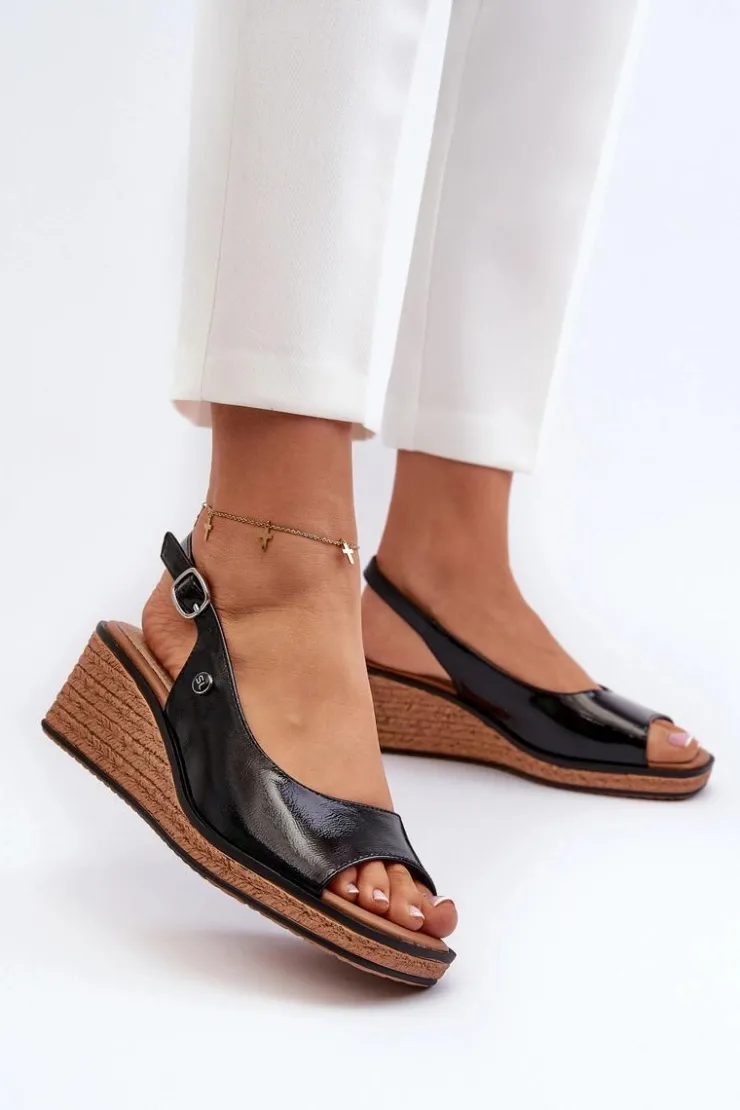 Damskie Buty Sergio Leone Damskie Lakierowane Sandały Na Koturnie Sergio Leone SK301 Czarne