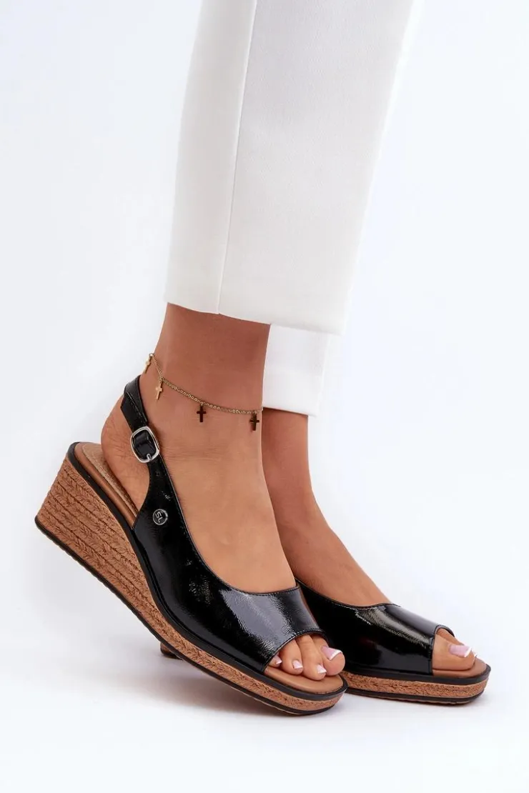 Damskie Buty Sergio Leone Damskie Lakierowane Sandały Na Koturnie Sergio Leone SK301 Czarne