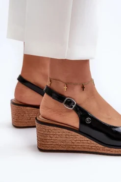 Damskie Buty Sergio Leone Damskie Lakierowane Sandały Na Koturnie Sergio Leone SK301 Czarne