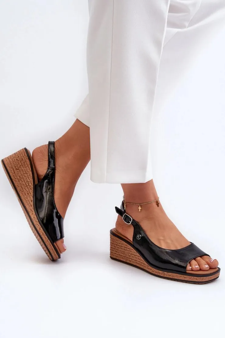 Damskie Buty Sergio Leone Damskie Lakierowane Sandały Na Koturnie Sergio Leone SK301 Czarne