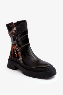 Discount Maciejka Damskie Lakierowane Skórzane Botki Z Suwakami 06238-18 Czarne