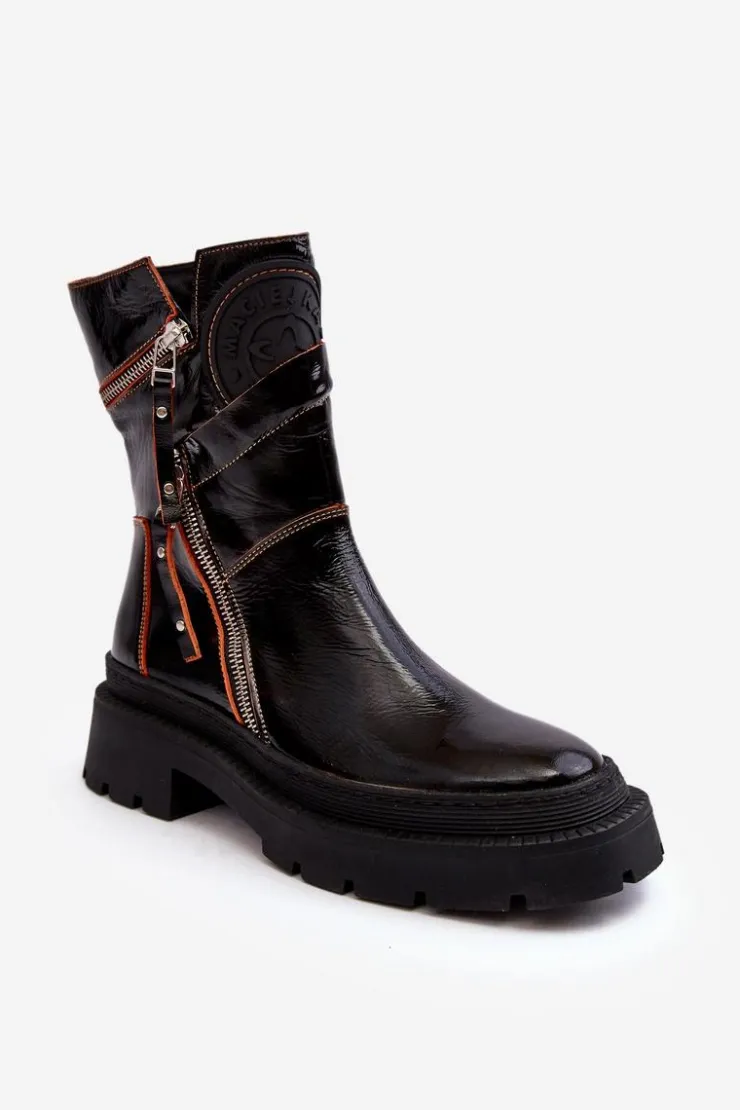 Discount Maciejka Damskie Lakierowane Skórzane Botki Z Suwakami 06238-18 Czarne