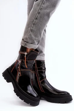 Discount Maciejka Damskie Lakierowane Skórzane Botki Z Suwakami 06238-18 Czarne